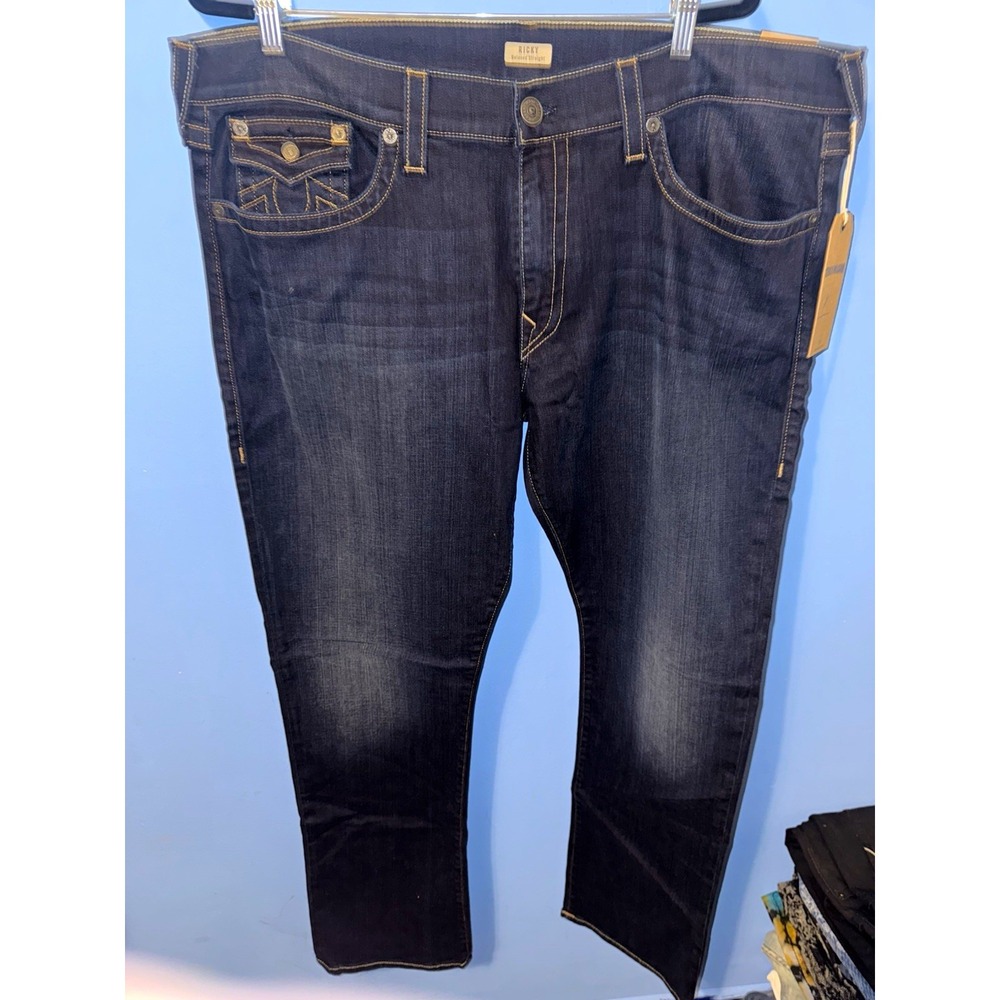 True Religion Ricky Relaxed Straight Jeans Dark Wash Blue Denim Mens 42x34 NEW